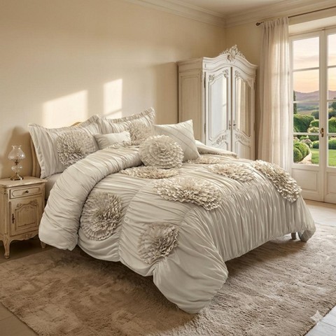 HIG French Country Handmade Ruffle Floral Bed in a Bag, 7-Piece Camel Queen Size Comforter Set with Ruffled Shams, Bedskirt & Accent Pillows