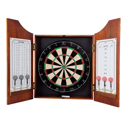 Toy Time Pro-Style Dart Board and Darts in Beveled Wood Dart Cabinet