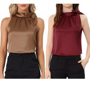 INSPIRE CHIC Women's Elegant Satin Sleeveless Bow Tie Mock Neck Solid Work Blouse 2 Packs - 1 of 4