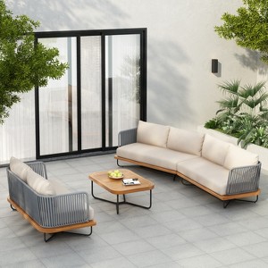 Christopher Knight Home Foisy 4 Piece Outdoor Rope Woven and Iron Chat Set with Acacia Wood Base and Water-Resistant Cushions - 1 of 4