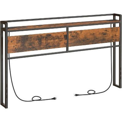 King Size Headboard, Headboard with 2 Outlets and 4 USB Ports, Adjustable Height, Storage Rack, Easy Assembly, Rustic Brown and Black