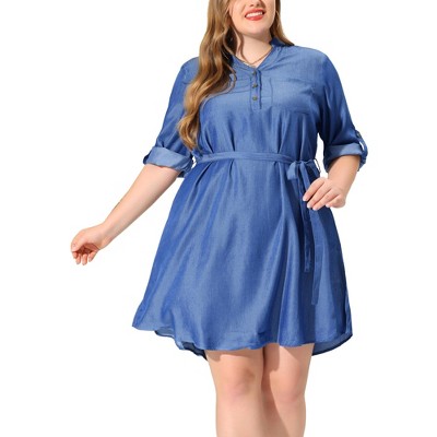 Agnes Orinda Women's Plus Size 3/4 Sleeve Belted High Low Hem Chambray ...
