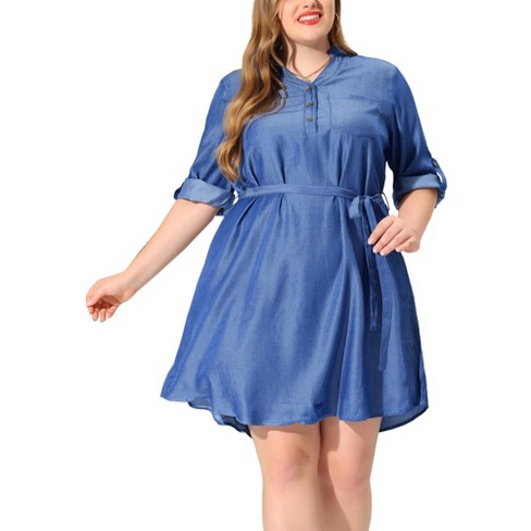 Agnes Orinda Women's Plus Size Belt Waist Ruffle Hem Chambray Shirt Dress  Light Blue 2x : Target