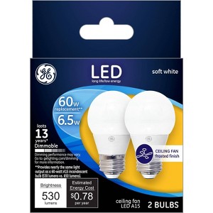 GE 2pk Soft White LED 60W Frosted Ceiling Fan A15: Dimmable 5.5W Light Bulbs, 500 Lumens, E26 Base, 2700K, 13.7-Year Life - 1 of 3