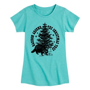 Girls' - Instant Message - Raccoon Around The Christmas Tree Fitted Short Sleeve Graphic T-Shirt - 1 of 4