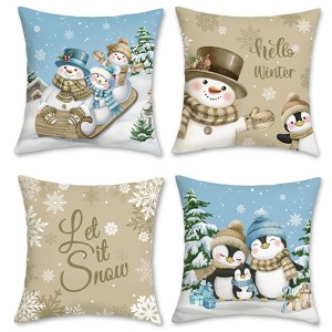 Hello Winter Throw Pillow Covers 18 x 18 Inch Snowman Penguin Snowflake Khaki Blue - 1 of 4