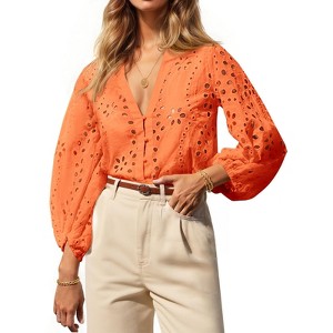 Imily Bela Women's deep V-neck hollow-out blouse, 3/4 puff sleeves, front button design, spring and autumn blouse - 1 of 4