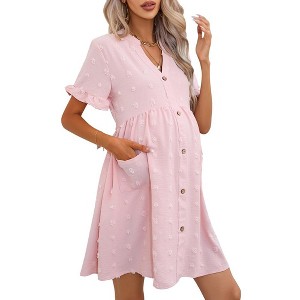 Maternity Swiss Dot Dress Summer V Neck Short Sleeve Button Down Mini Dress Baby Shower Photoshoot with Pockets - 1 of 4
