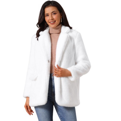 INSPIRE CHIC Women's Faux Fur Winter Open Front Notch Lapel Long Sleeve Fluffy One Button Coat White X-Large