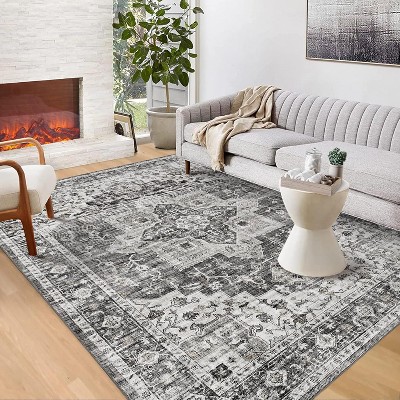 Acekool 8x10 Vintage Grey Washable Area Rug, Distressed Medallion Non-Slip Stain Resistant Carpet for Living Room, Bedroom, Home Decor
