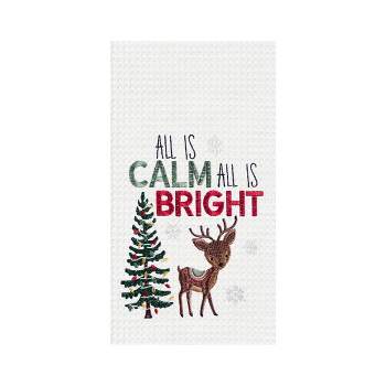 C&F Home 27" x 18" Christmas Holiday "All is Calm All is Bring" Sentiment with Reindeer Embroidered Waffle Weave Cotton Kitchen DishTowel
