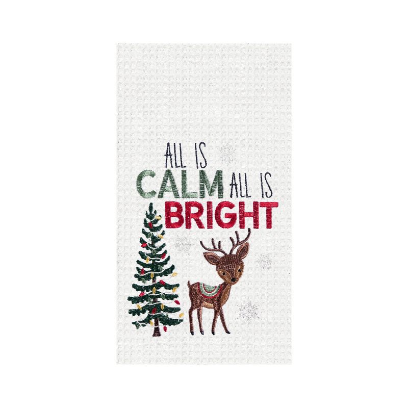 C&F Home 27" x 18" Christmas Holiday "All is Calm All is Bring" Sentiment with Reindeer Embroidered Waffle Weave Cotton Kitchen DishTowel, 1 of 5