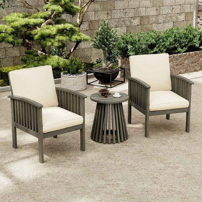 Patio Bistro Set, 3 PCS Dining Set with Foldable Slatted Table, Acacia Wood Frame Dining Armrest Chair with Polyester Cushions-Coolbibila