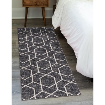 Dark Gray and Ivory Geometric Trellis Runner Rug