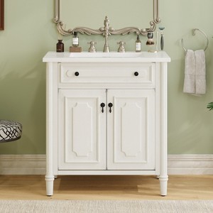ORRD 30" Vintage White Bathroom Vanity with Sink, Rustic Cabinet with Soft-Close Doors, Curved Design & Adjustable Shelf - 1 of 4