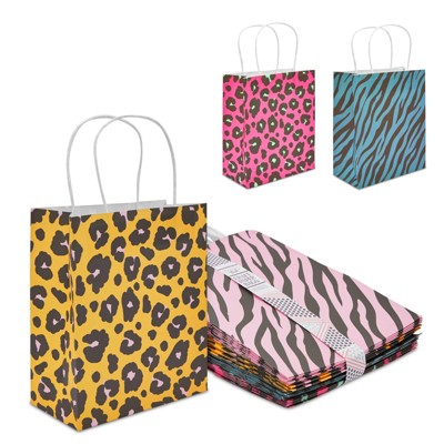 Sparkle and Bash 24 Pack Leopard & Zebra Print Party Favor Gift Bags for Safari Birthday (4 Colors)