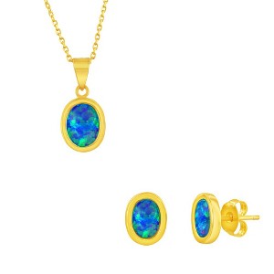 Opalata Sterling Silver, Oval Blue Opal Necklace & Earrings Set - Gold Plated - Blue - 16+2 Inch - 1 of 4