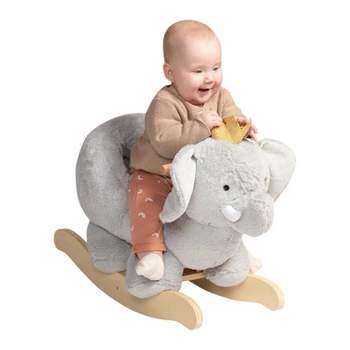 Manhattan Toy Plush Elephant Wooden Rocking Toy with Crown, Adjustable Seat Belt and Wooden Hand Grips