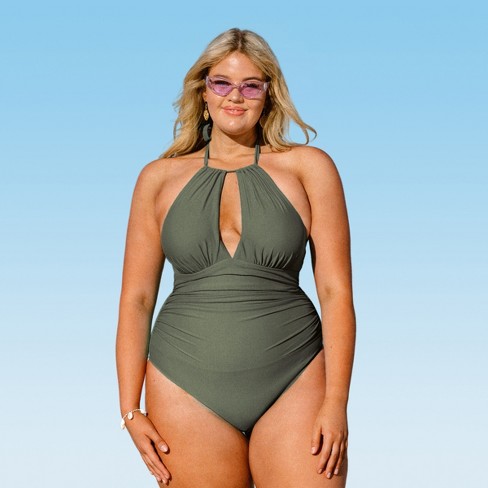 Women's Green Plus Size One Piece Ruched Cutout Halter Self Tied Bathing  Suit - Cupshe -olive-2x : Target