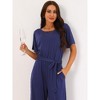 Seta T Women's Crewneck Short Sleeve Belted High Waist Wide Leg Jumpsuits with Pockets - 3 of 4