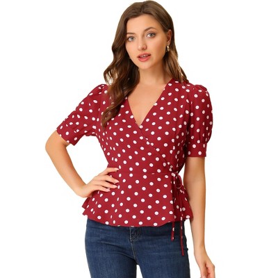 INSPIRE CHIC Women's Dots Print Tie Waist Ruffle Hem V Neck Wrap Peplum Shirts