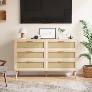 HDZNVF Rattan 6 Drawers Chest Of Dressers, Wide Chest Of Drawers With Wood Handles - 1 of 4