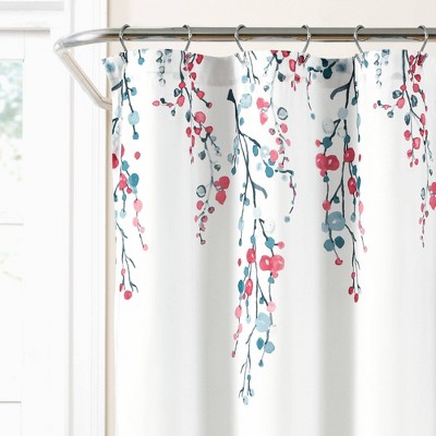 Mirabelle Watercolor Floral Polyester Shower Curtain in Blue and Coral