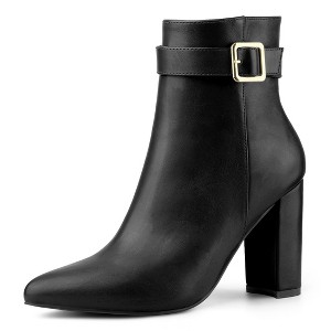 Allegra K Women's Pointed Toe Buckle Decor Heel Ankle Boots - 1 of 4