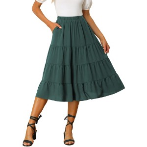 Inspire Chic Women's Midi Solid Elastic Waist Flare Tiered A-Line Skirt with Pockets X-Large Army Green