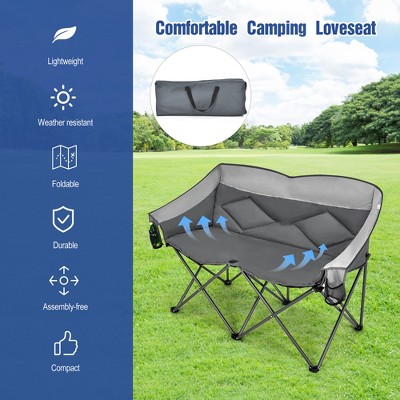 Gray Steel Folding Camping Loveseat Chair with Padded Backrest