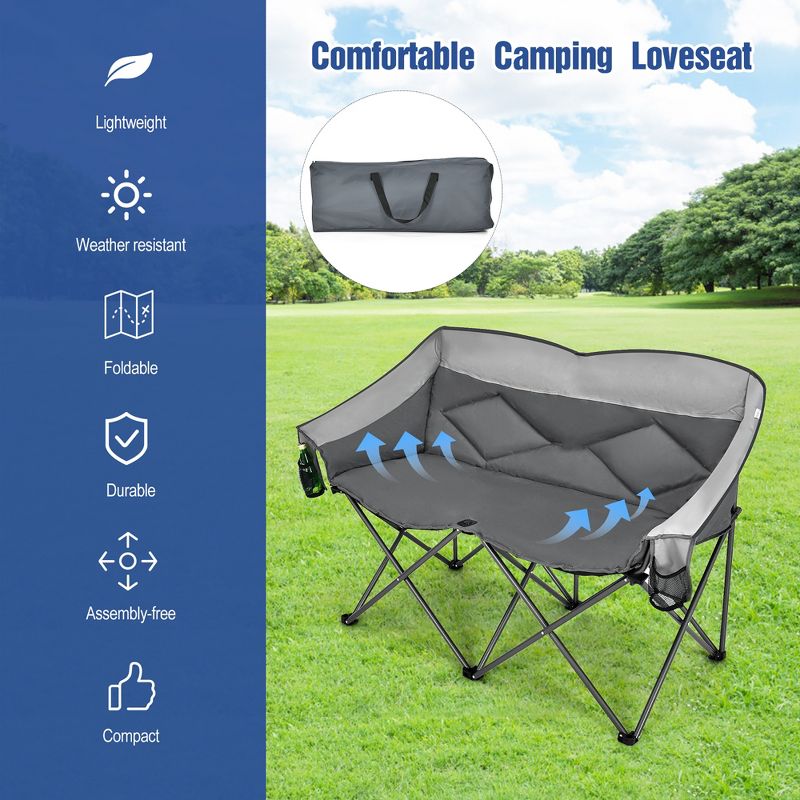 Costway Folding Camping Chair Loveseat Double Seat w/ Bags & Padded Backrest Gray\Blue, 3 of 11
