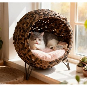 ORRD Hand-Woven Banana Leaf Cat Bed, Elevated Kitten House with Cushion, Breathable Rattan Condo with Metal Stand for Indoor Cats - 1 of 4