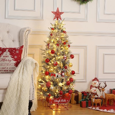 3/4.5ft Pre-Lit Snow Flocked Christmas Tree with 200 Warm White LEDs, 8 Lighting Modes, Sleigh Base, Artificial Xmas Tree for Home