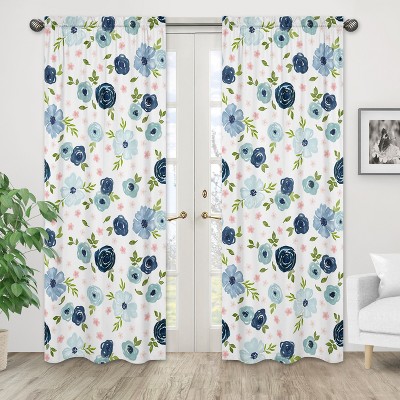 Blush Pink and Blue Floral Polyester Kids Window Panels