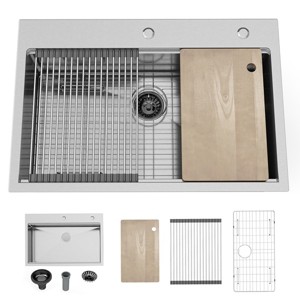 CHEVNI Kitchen Sink Stainless Steel Single Bowl With Cutting Board Drop In Top Mount Sliver - 1 of 4