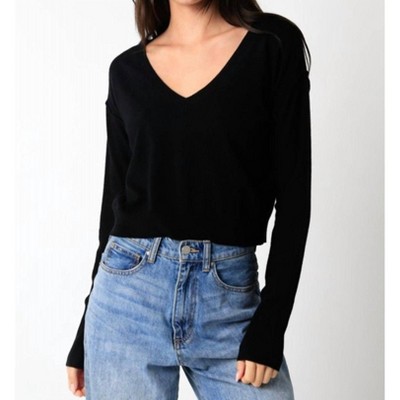Women's V-Neck Cropped Sweater - OLIVACEOUS