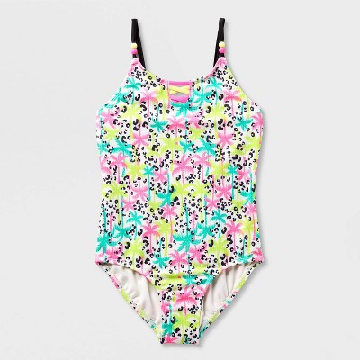 Cat & Jack Girls' Leopard Palm Tree One Piece Swimsuit - Cat & Jack™ Cream/Pink/Blue L — фото 2