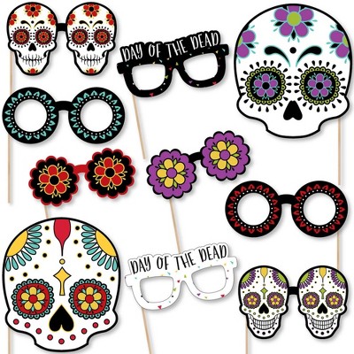 Big Dot of Happiness Day of the Dead Glasses and Masks - Paper Cardstock Sugar Skull Party Photo Booth Props Kit - 10 Count