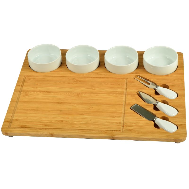 Picnic at Ascot - Large Bamboo Cheese/Charcuterie Board with 4 Ceramic Bowls & 3 Stainless Steel Cheese Tools - 17" x 13", 3 of 5