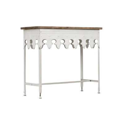 Storied Home Rustic Farmhouse Metal Console Table with Solid Wood Top Distressed White: No Assembly, Space-Saving Design