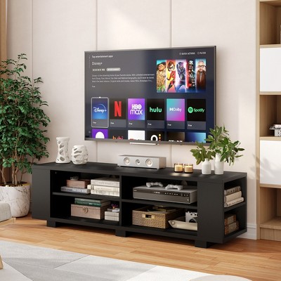 Black Engineered Wood TV Stand with Adjustable Shelves and Cabinets