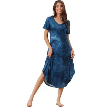cheibear Women's V Neck Short Sleeve Long Nightgown Lounge Dress with Pocket