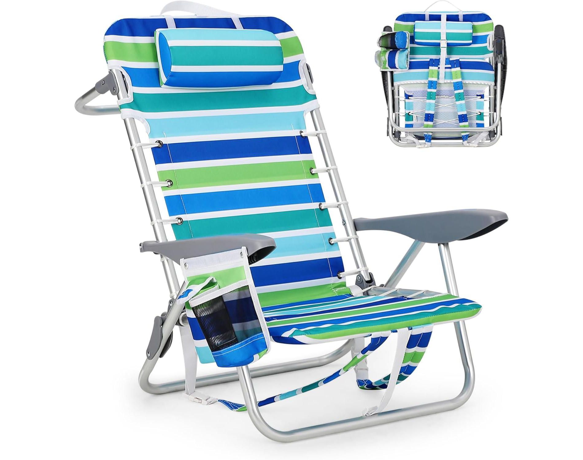 Portable Backpack Beach Chair,Lightweight Folding Chair w/5 Reclining Positions(Lay Flat),300LBS Capacity,Cup Holder,Phone Pocket&Tower Bar for Adult