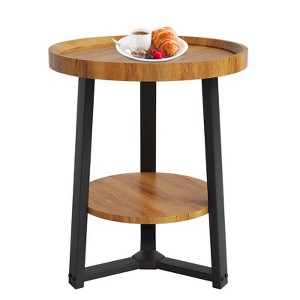Round End Table, 19.69 in Wood Tabletop & Black Metal Frame, 2-Tier Side Table for Living Room, Bedroom - 1 of 4