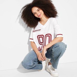 Women's Short Sleeve V-Neck Graphic Mesh Jersey Shirt - Wild Fable™ - 1 of 4