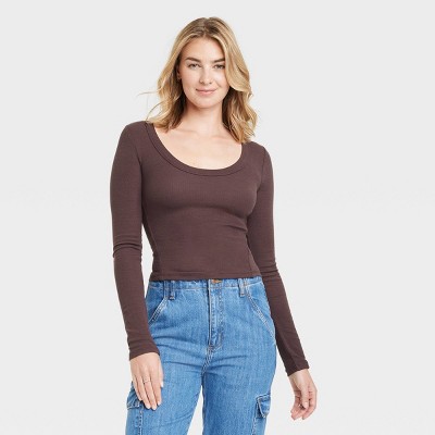 Women's Long Sleeve Ribbed Scoop Neck T-Shirt - Universal Thread™ Brown L
