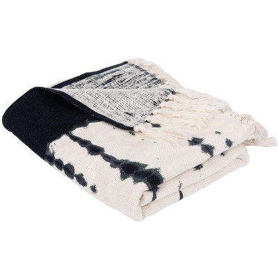 Arya Beige and Navy Cotton Throw Blanket with Fringe