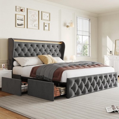 Whizmax Bed Frame with Charging Station and 4 Storage Drawers, Upholstered Platform Bed Frame with Wingback Headboard, Button Tufted, Velvet, Gray