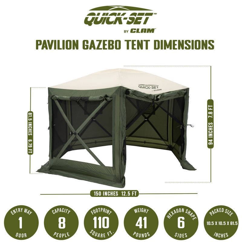 CLAM Quick-Set Pavilion 12.5 x 12.5 Foot Easy Set Up Portable Outdoor Camping Pop Up Canopy Gazebo Shelter with Ground Stakes and Carry Bag, Green/Tan, 4 of 7