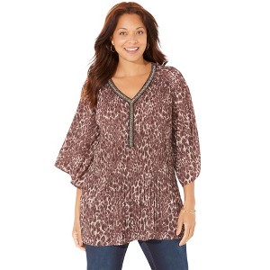 Catherines Women's Plus Size Bejeweled Pleated Blouse - 1 of 4